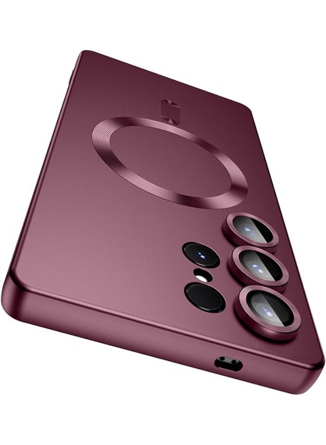 جراب مغناطيسي متوافق مع Samsung Galaxy S25 Ultra [متوافق مع MagSafe] [واقي عدسة الكاميرا المدمج] جراب هاتف رفيع ناعم من السيليكون مقاوم للصدمات لامع معدني (أحمر نبيذي) - Image 1