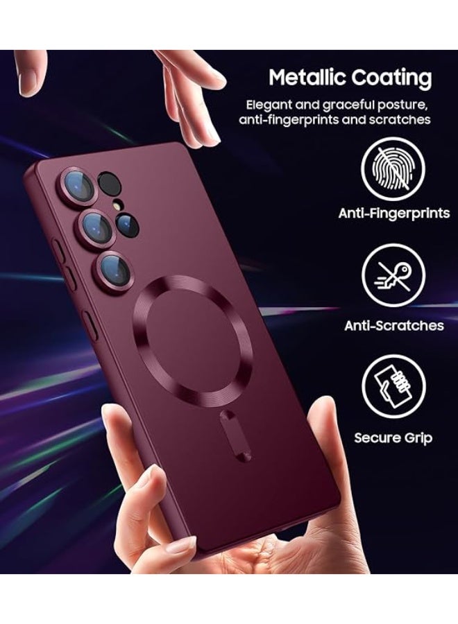 جراب مغناطيسي متوافق مع Samsung Galaxy S25 Ultra [متوافق مع MagSafe] [واقي عدسة الكاميرا المدمج] جراب هاتف رفيع ناعم من السيليكون مقاوم للصدمات لامع معدني (أحمر نبيذي) - Image 4