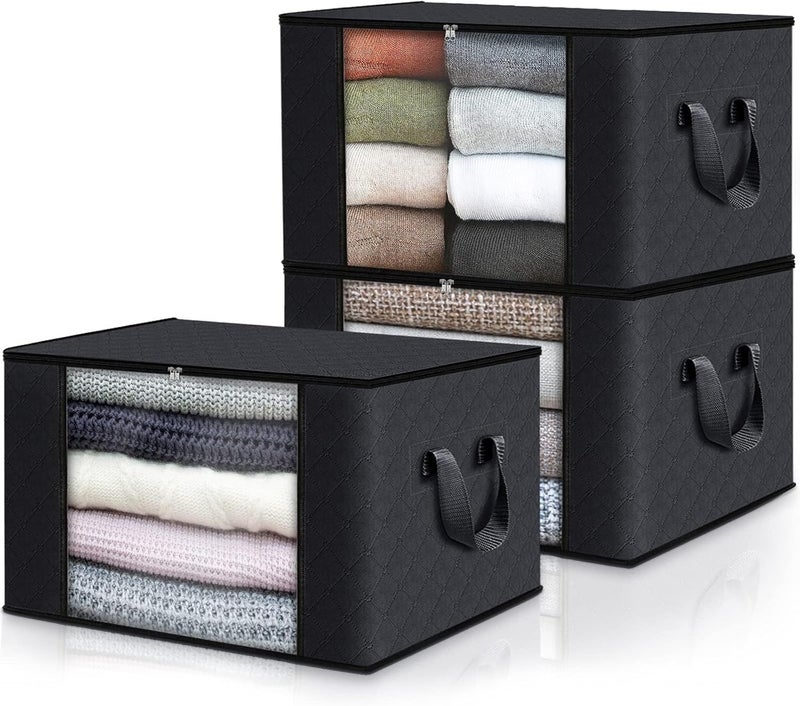 Fab totes 3-Pack Clothes Storage, Foldable Blanket Storage Bags, Storage Containers for Organizing Bedroom, Closet, Clothing, Comforter, Organization and Storage with Lids and Handle, Black - Image 1