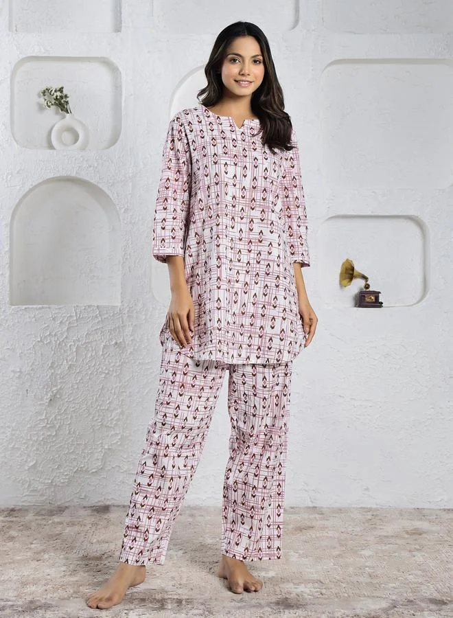 sanskrutihomes Sanskrutihomes Women Pink All-Over Printed Pure Cotton Top and Pyjama Set