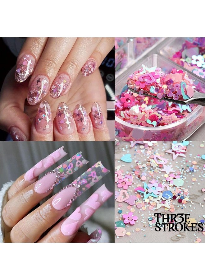 THR3E STROKES 12 Grid Heart Nail Art Glitters Mixed Hollow Star Flower Nails - Holographic Acrylic Powder Dust Sequins Decoration Supplies for Women - Image 2