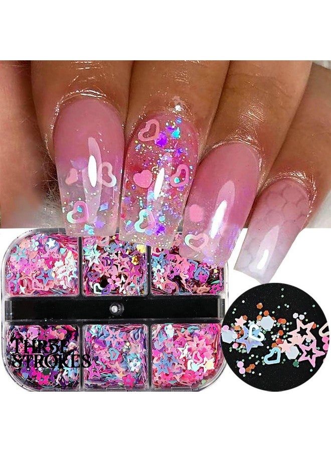 THR3E STROKES 12 Grid Heart Nail Art Glitters Mixed Hollow Star Flower Nails - Holographic Acrylic Powder Dust Sequins Decoration Supplies for Women - Image 4