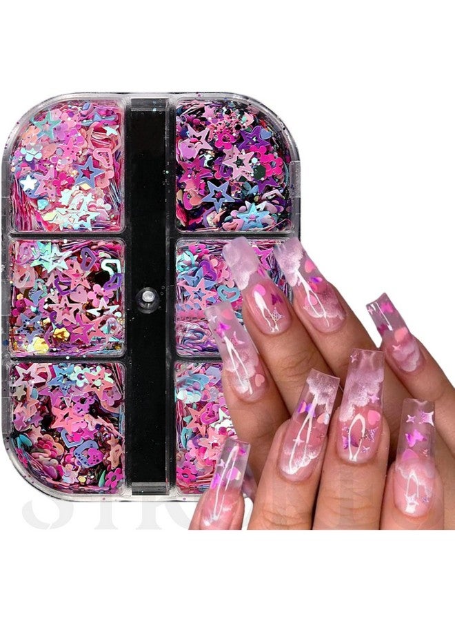 THR3E STROKES 12 Grid Heart Nail Art Glitters Mixed Hollow Star Flower Nails - Holographic Acrylic Powder Dust Sequins Decoration Supplies for Women - Image 1