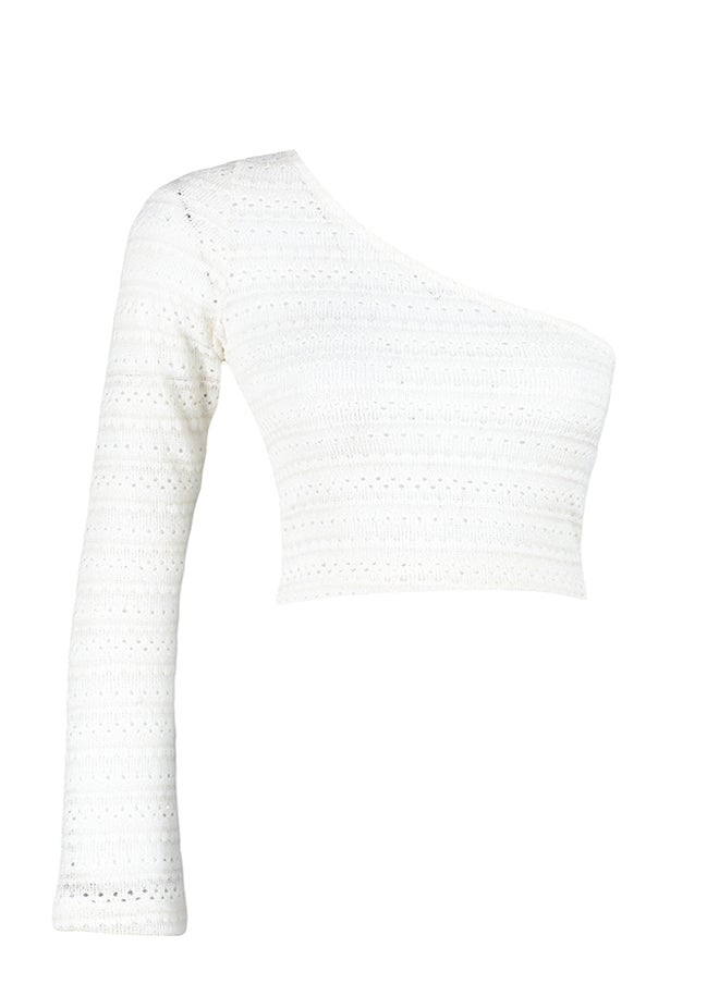 Ecru Knitwear Look Single Sleeve Asymmetric Knitted Blouse TWOSS24BZ00434