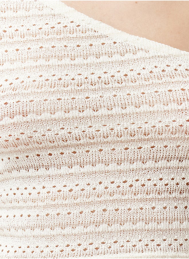 Ecru Knitwear Look Single Sleeve Asymmetric Knitted Blouse TWOSS24BZ00434