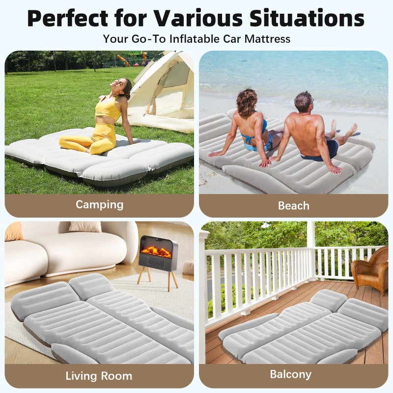 KMZ SUV Air Mattress Double Sided Thickened Flocking Car Bed â€“ Portable Inflatable Mattress Pad for Camping & Travel with 2 Pillows & Electric Pump (Off-White and Coffee) - Image 3