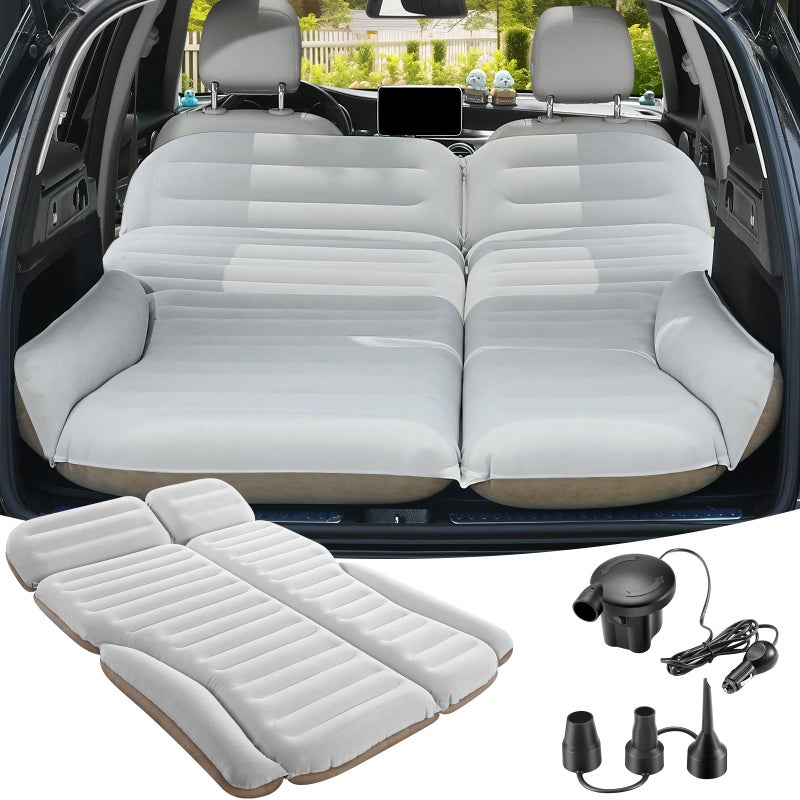 KMZ SUV Air Mattress Double Sided Thickened Flocking Car Bed â€“ Portable Inflatable Mattress Pad for Camping & Travel with 2 Pillows & Electric Pump (Off-White and Coffee) - Image 1