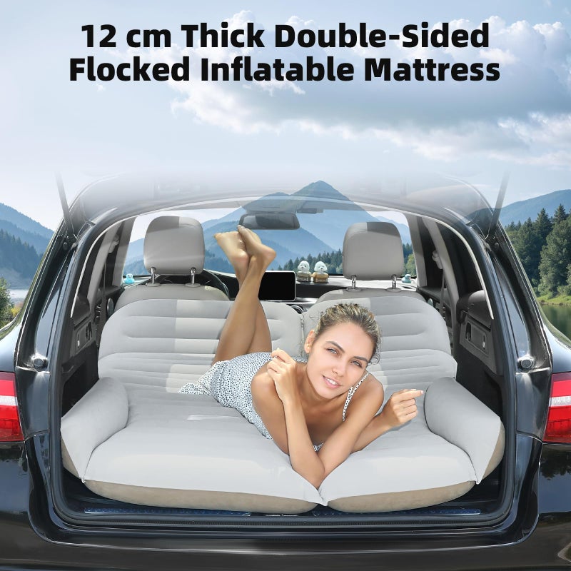 KMZ SUV Air Mattress Double Sided Thickened Flocking Car Bed â€“ Portable Inflatable Mattress Pad for Camping & Travel with 2 Pillows & Electric Pump (Off-White and Coffee) - Image 2