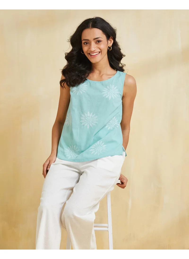 فاب انديا Green Cotton Chikankari Top