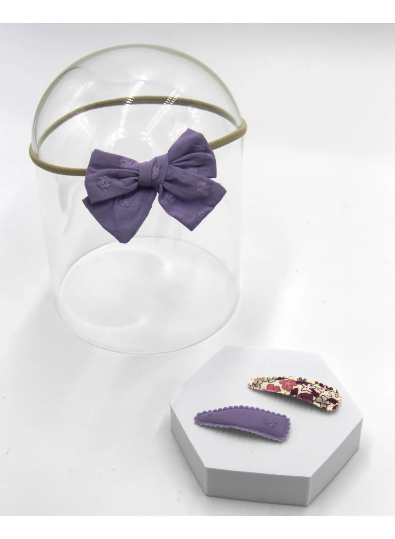 D'Daniela Aira Ribbon Bow Clip Set with Ponytail For Babies and Girls - Purple