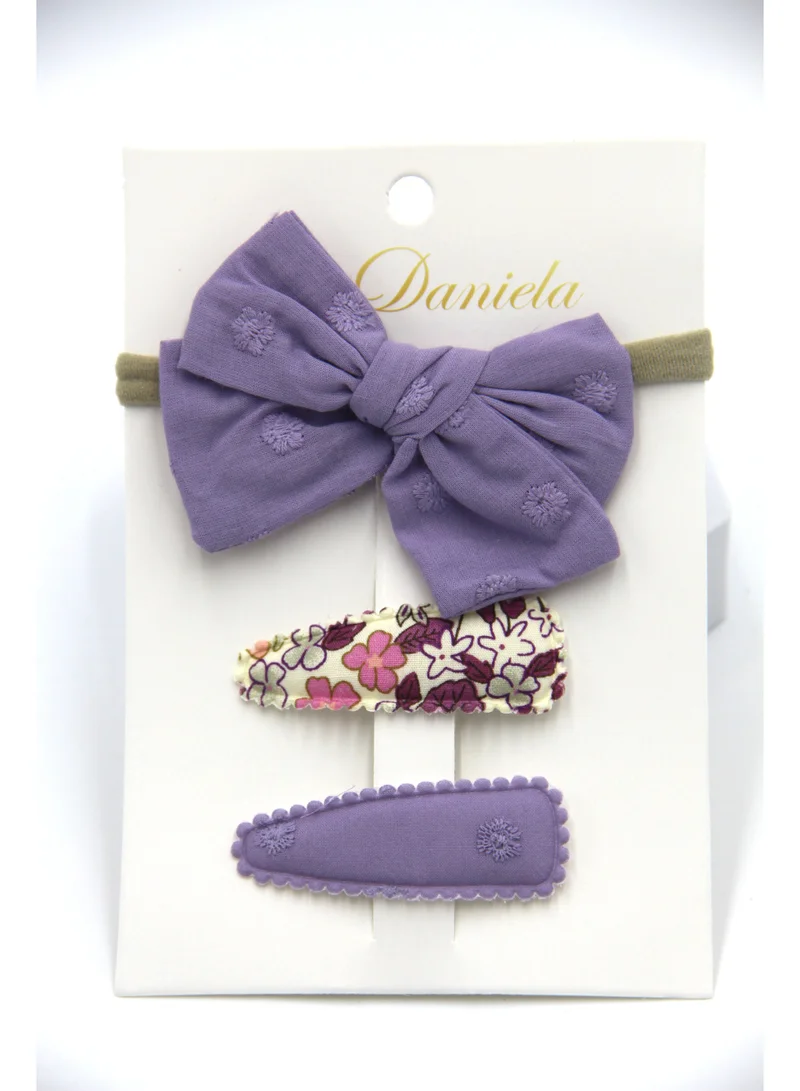 D'Daniela Aira Ribbon Bow Clip Set with Ponytail For Babies and Girls - Purple