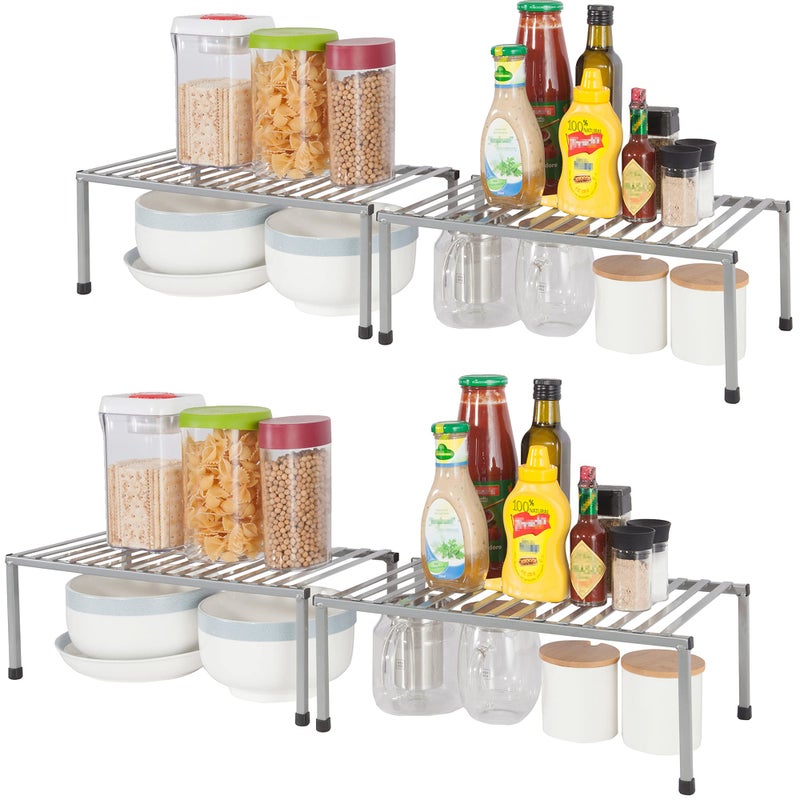 STORAGE MANIAC Set of 4 Expandable Kitchen Rack Wire Shelf Organizer Adjustable Metal Pantry Storage for Plate Dish Cabinets Counter Grey