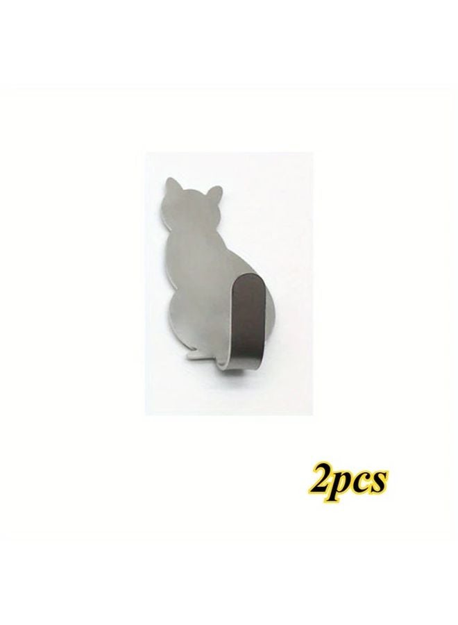 2pcs Silvery Stainless Steel Cat Wall Sticker Door Hangers Waterproof Strong Adhesive Towel Hooks - Image 1