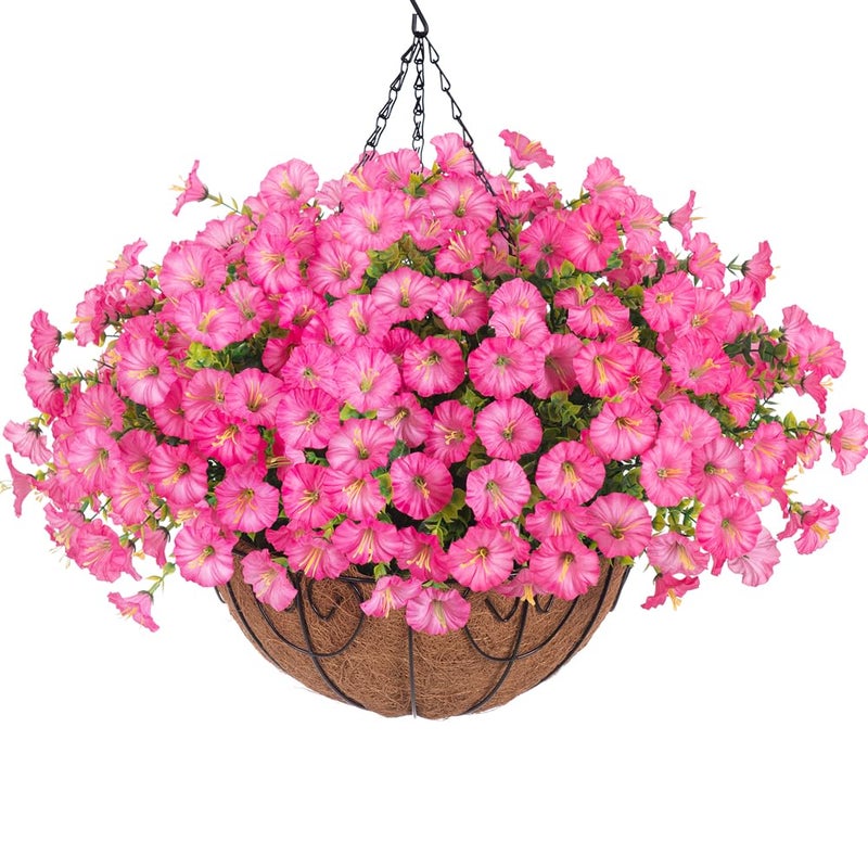 Artificial Faux Hanging Flowers Plants Baskets for Outdoors Fake Silk Morning Glory Eucalyptus in Planter UV Resistant Realistic Outdoor Flowers for Outside Porch Patio Balcony Garden Yard Home Decor