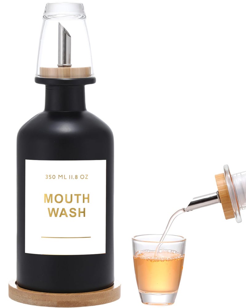 BONLONG 118OZ Glass Mouthwash Dispenser for Bathroom with Stainless Steel Bamboo Nozzle Mouthwash Cup Reusable Bamboo Tray and Elegant Gold StickerBlack