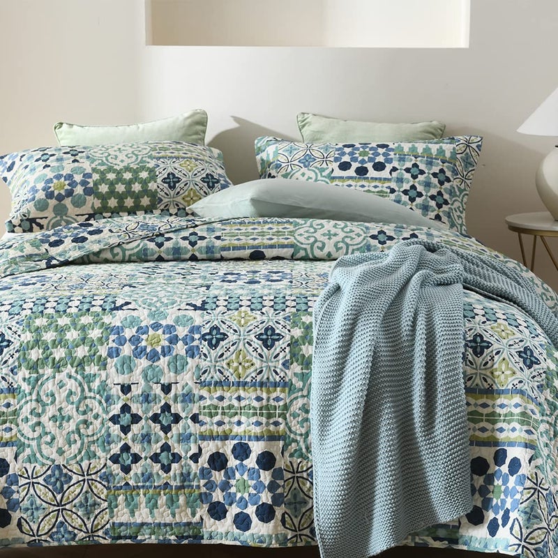 VISIMISI Cotton Bedspread Quilt Sets Reversible Coverlet Sets Comforters Vintage Bohemian Patchwork Bedspread (Green, Queen Size) - Image 2