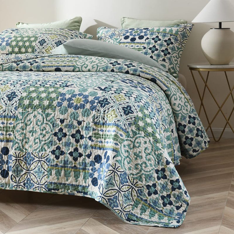 VISIMISI Cotton Bedspread Quilt Sets Reversible Coverlet Sets Comforters Vintage Bohemian Patchwork Bedspread (Green, Queen Size) - Image 3