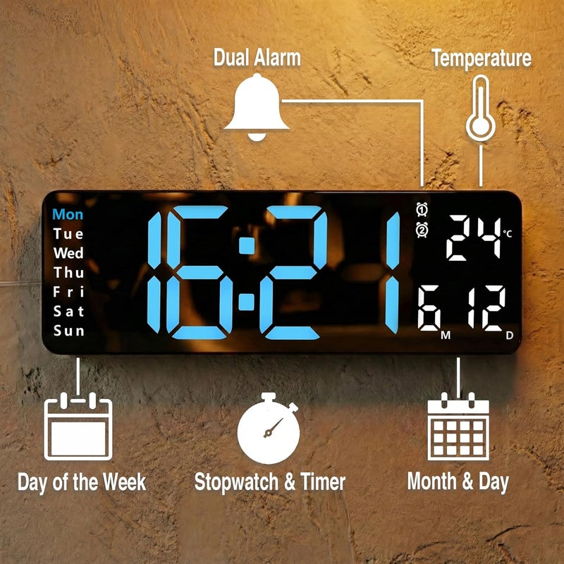 Opis Technology Clock 1 XL - Digital Wall Clock - Retro LED Wall Clock with Remote Control, Timer & Alarm Clock, Temperature Display, Dimmable Display, Blue/White - Image 3