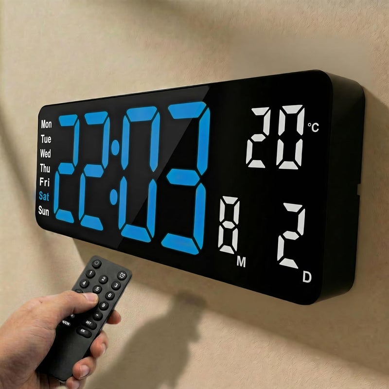 Opis Technology Clock 1 XL - Digital Wall Clock - Retro LED Wall Clock with Remote Control, Timer & Alarm Clock, Temperature Display, Dimmable Display, Blue/White - Image 1