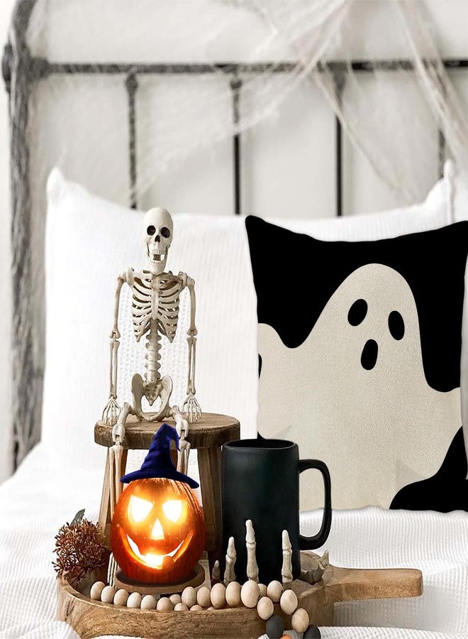 JOOCAR Halloween Pillow Cover 26x26 Inch Ghost Black White Linen Throw Pillow Covers Cushion Case Decoration for Couch Sofa Home Decor - Image 3