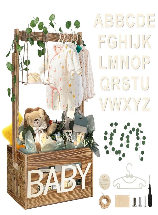 TAEYONK Wooden Baby Shower Crate Closet, Baby Shower Basket with 33.5" High Hanger Rack and Swing, DIY Baby Welcome Box with Handle, Easy Assembly Storage Crate for Pregnancy New Parent（Footprint Style） - Image 1
