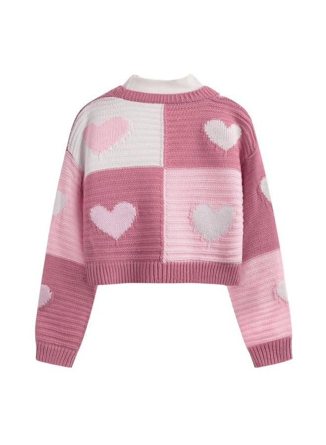 Verdusa Girl's Casual Long Sleeve Colorblock Graphic Print Knitted Cardigan Sweater, Clothes for Kids, Pink 10Y, 10 Years - Image 2