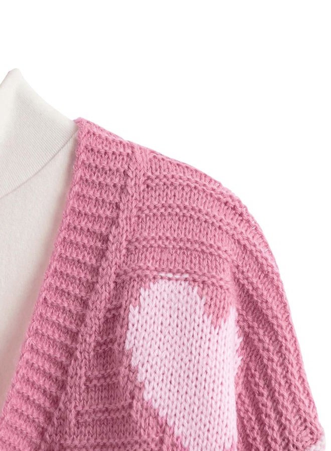 Verdusa Girl's Casual Long Sleeve Colorblock Graphic Print Knitted Cardigan Sweater, Clothes for Kids, Pink 10Y, 10 Years - Image 4