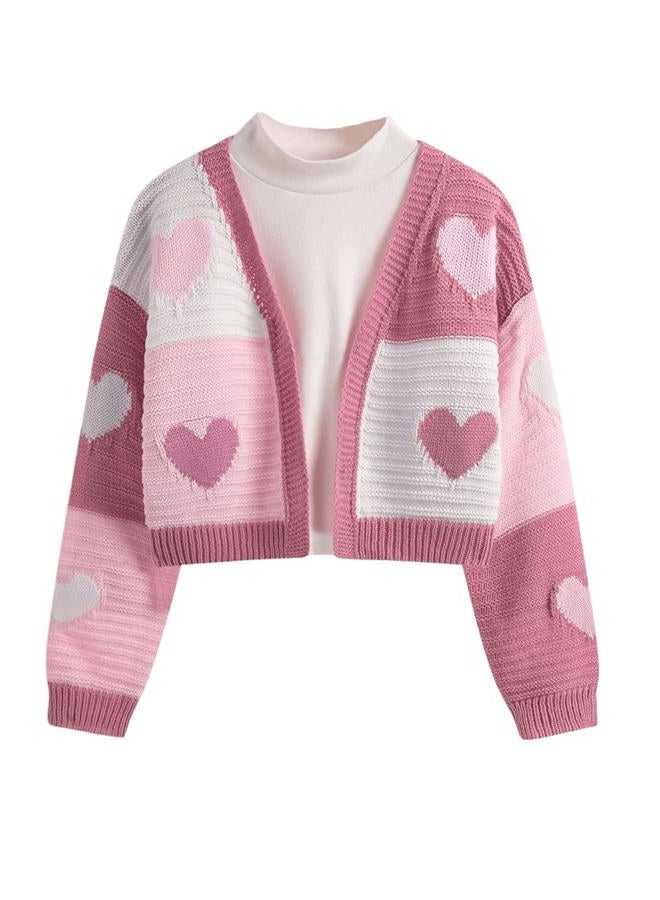 Verdusa Girl's Casual Long Sleeve Colorblock Graphic Print Knitted Cardigan Sweater, Clothes for Kids, Pink 10Y, 10 Years - Image 1
