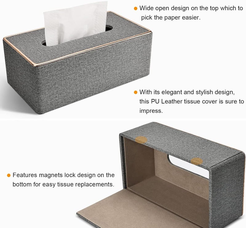 GORESE Tissue Box Cover Rectangular, PU Leather Tissue Box Holder for Kleenex,Napkin,Tissue Box Covers Rectangle for Bathroom Car Home Office Decorative 9.84"X5.23"X3.77" Grey - Image 4