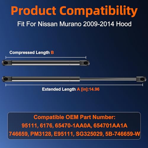Euplokeer Qty (2) 654711AA0A Front Hood Strut Lift Support Compatible with Nissan Murano 2009-2014, Bonnet Gas Shock Strut Spring Replace OE# 746659, 65471-1AA1A - Image 2