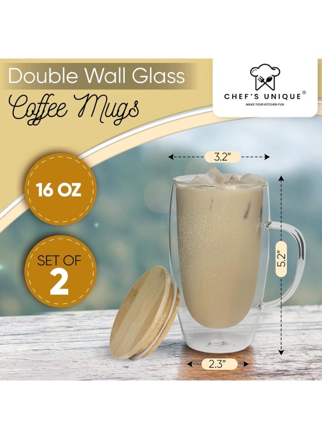 أكواب قهوة زجاجية مزدوجة الجدران من شركة Insulated Coffee Mugs، مزودة بمقبض وغطاء من الخيزران، أكواب زجاجية شفافة للقهوة والشاي واللاتيه والكابتشينو والإسبريسو، سعة 16 أونصة (مجموعة من قطعتين). - Image 2