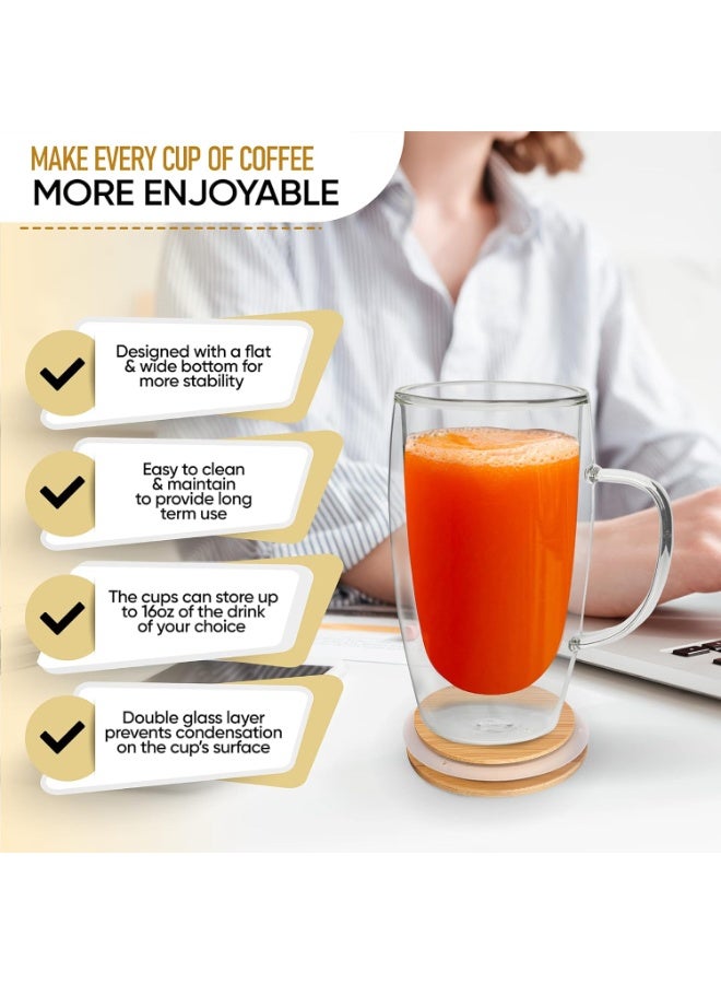 أكواب قهوة زجاجية مزدوجة الجدران من شركة Insulated Coffee Mugs، مزودة بمقبض وغطاء من الخيزران، أكواب زجاجية شفافة للقهوة والشاي واللاتيه والكابتشينو والإسبريسو، سعة 16 أونصة (مجموعة من قطعتين). - Image 4
