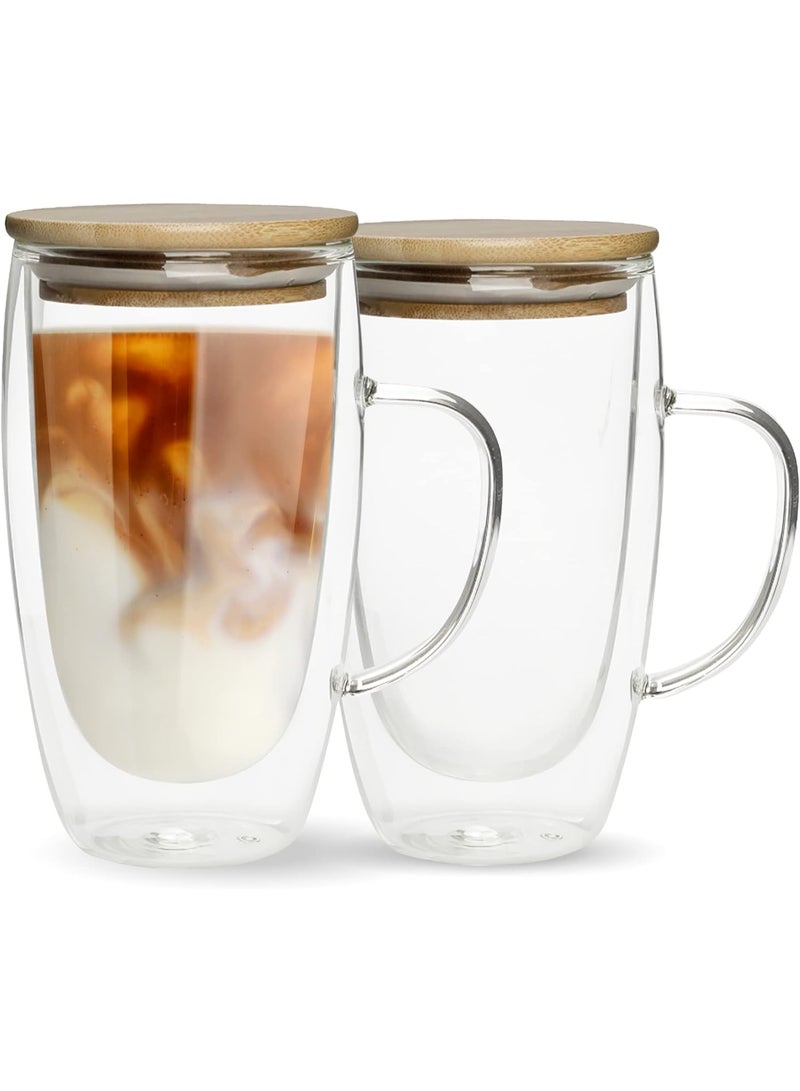 أكواب قهوة زجاجية مزدوجة الجدران من شركة Insulated Coffee Mugs، مزودة بمقبض وغطاء من الخيزران، أكواب زجاجية شفافة للقهوة والشاي واللاتيه والكابتشينو والإسبريسو، سعة 16 أونصة (مجموعة من قطعتين). - Image 1