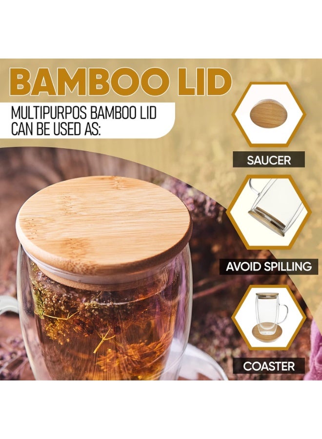 أكواب قهوة زجاجية مزدوجة الجدران من شركة Insulated Coffee Mugs، مزودة بمقبض وغطاء من الخيزران، أكواب زجاجية شفافة للقهوة والشاي واللاتيه والكابتشينو والإسبريسو، سعة 16 أونصة (مجموعة من قطعتين). - Image 5