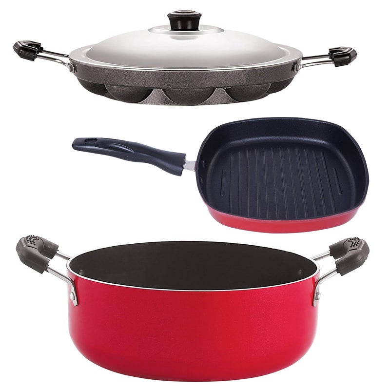 Nirlon Nirlon NonStick Aluminium Pfoa Free NonToxic Durable KitchenwareBlack Red_Combo Set AP12_GP245_CS24  - Image 1