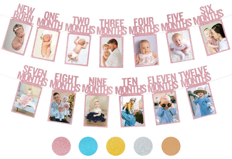PartyHooman 1st Birthday Photo Banner for Baby from Newborn to 12 Months 1st Birthday Decorations Girl Monthly Milestones Garland 1 Year Old First Photo Banner Prestrung with Frame Rose Gold - Image 2
