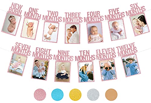 PartyHooman 1st Birthday Photo Banner for Baby from Newborn to 12 Months 1st Birthday Decorations Girl Monthly Milestones Garland 1 Year Old First Photo Banner Prestrung with Frame Rose Gold - Image 1