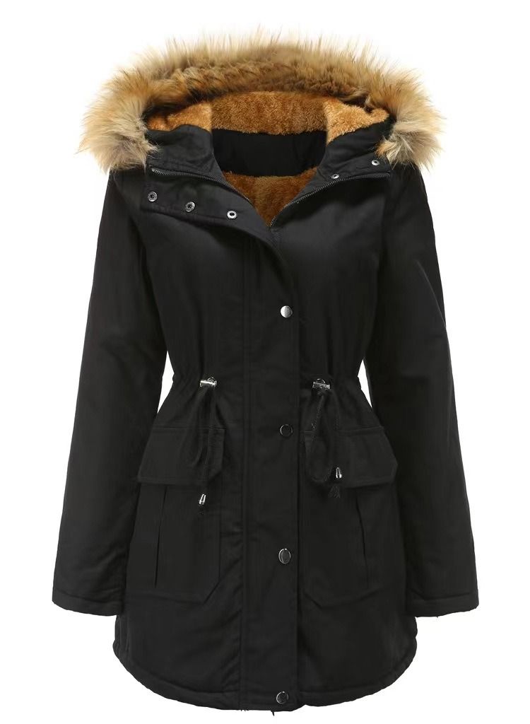 Loquat New Winter Cashmere Hooded Wool Collar Warm Coat Cotton-Padded Jacket - Image 1