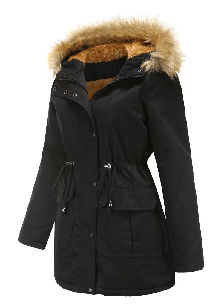 Loquat New Winter Cashmere Hooded Wool Collar Warm Coat Cotton-Padded Jacket - Image 2