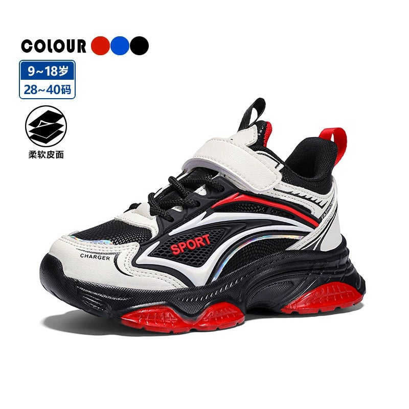 Wow Spring New Style Medium And Large Kidsren'S Boys' Shoes Sports Shoes Leather Non-Slip Velcro Student Kidsren'S Shoes Trendy - Image 3