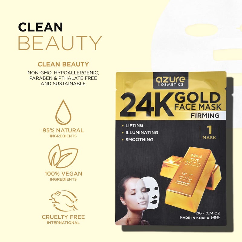 Azure Cosmetics قناع الوجه المضاد للشيخوخة من أزور كوزمتيكس 24K - مرطب، تونر ومشد - يساعد في تقليل التجاعيد والخطوط الدقيقة - مع حمض الهيالورونيك والكولاجين - صنع في كوريا - عبوة من 5 - Image 2