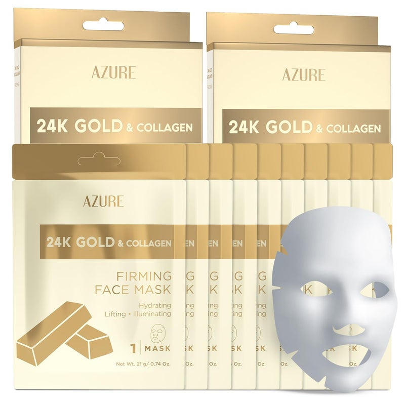 Azure Cosmetics قناع الوجه المضاد للشيخوخة من أزور كوزمتيكس 24K - مرطب، تونر ومشد - يساعد في تقليل التجاعيد والخطوط الدقيقة - مع حمض الهيالورونيك والكولاجين - صنع في كوريا - عبوة من 5 - Image 1