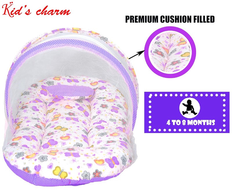 Kid's Charm Kids Charm MegaButterfly Flower Premium Baby Net Bed with Thick Mattress Mosquito Net with Zip Closure Neck Pillow Baby Bedding for New Born Baby Sleeping Bed for 48 Months Babies Voilet - Image 3