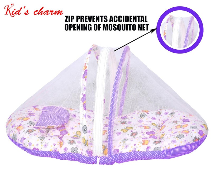 Kid's Charm Kids Charm MegaButterfly Flower Premium Baby Net Bed with Thick Mattress Mosquito Net with Zip Closure Neck Pillow Baby Bedding for New Born Baby Sleeping Bed for 48 Months Babies Voilet - Image 2