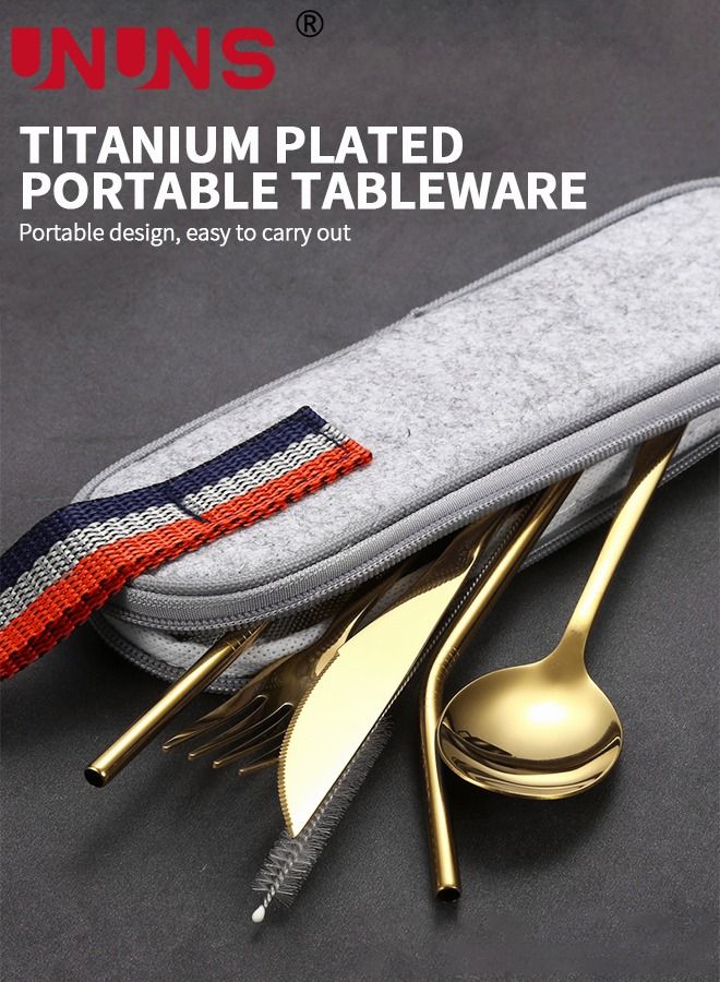 UNUNS 7Pcs Stainless Steel Flatware Set Portable Reusable Cutlery Set Travel Utensils Set Including Chopsticks Knife Fork Spoon Straws Cleaning Brush Dishwasher Safe (Golden) - Image 3