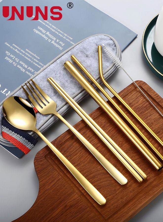 UNUNS 7Pcs Stainless Steel Flatware Set Portable Reusable Cutlery Set Travel Utensils Set Including Chopsticks Knife Fork Spoon Straws Cleaning Brush Dishwasher Safe (Golden) - Image 5