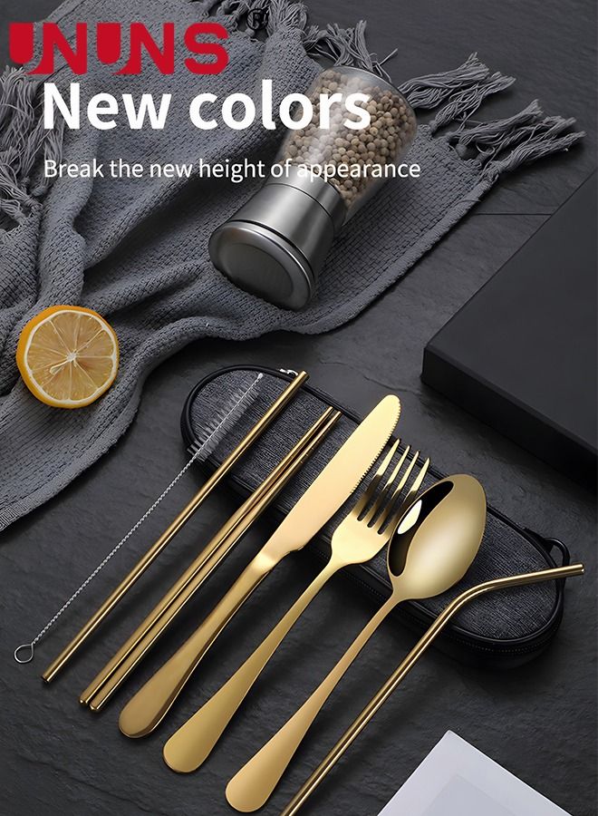 UNUNS 7Pcs Stainless Steel Flatware Set Portable Reusable Cutlery Set Travel Utensils Set Including Chopsticks Knife Fork Spoon Straws Cleaning Brush Dishwasher Safe (Golden) - Image 2