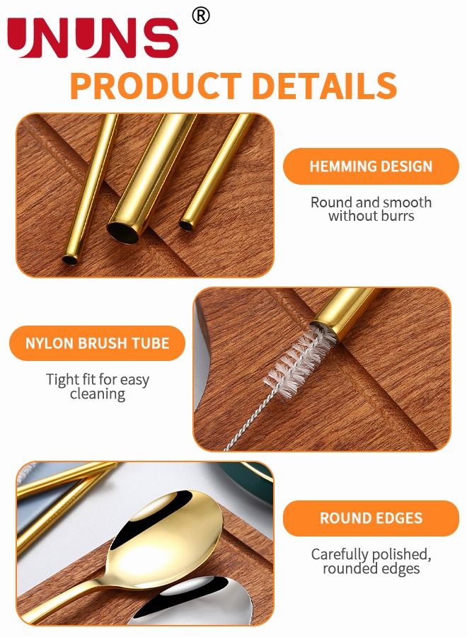 UNUNS 7Pcs Stainless Steel Flatware Set Portable Reusable Cutlery Set Travel Utensils Set Including Chopsticks Knife Fork Spoon Straws Cleaning Brush Dishwasher Safe (Golden) - Image 4