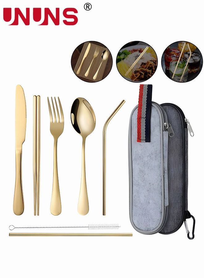 UNUNS 7Pcs Stainless Steel Flatware Set Portable Reusable Cutlery Set Travel Utensils Set Including Chopsticks Knife Fork Spoon Straws Cleaning Brush Dishwasher Safe (Golden) - Image 1