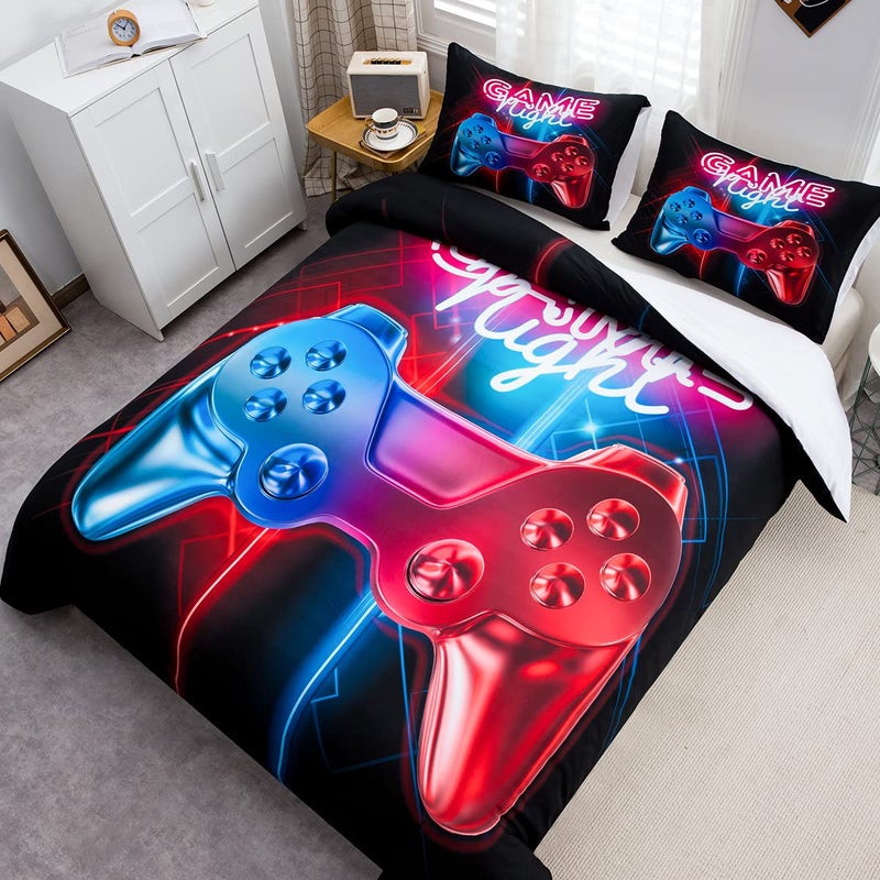 Feelyou Gamer Bedding Set Full Size Gaming Comforter Cover Set for Boys Bedroom Kids Video Game Gamepad Duvet Cover Set Ultra Soft Teens Children Game Room Decor Bedspread Cover No Comforter 